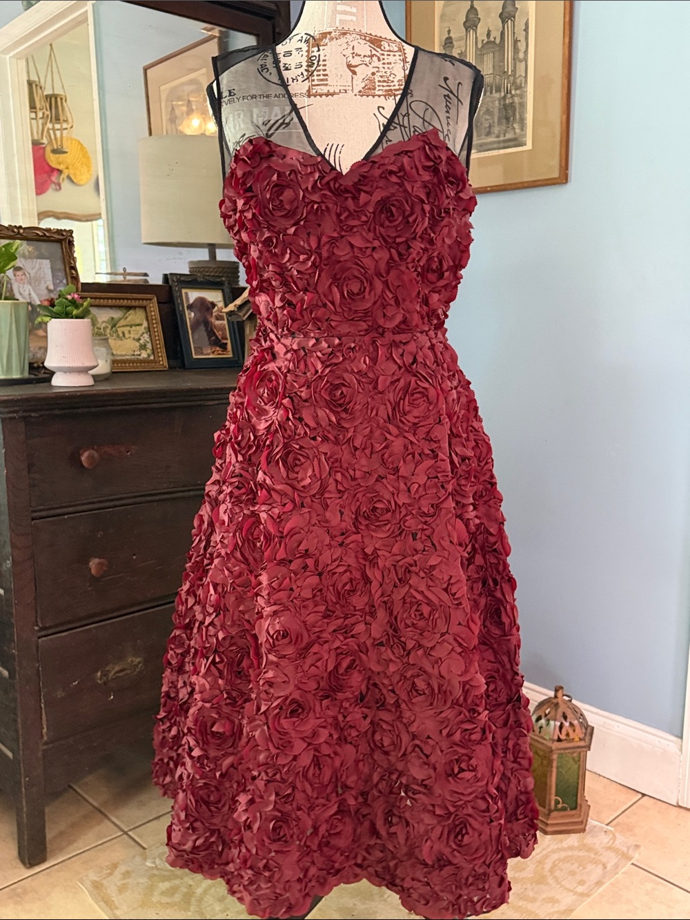NWT Tracy Reese Burgundy Silk Rosette Floral Cocktail Dress Illusion Mesh Size 8 - Picture 2 of 16